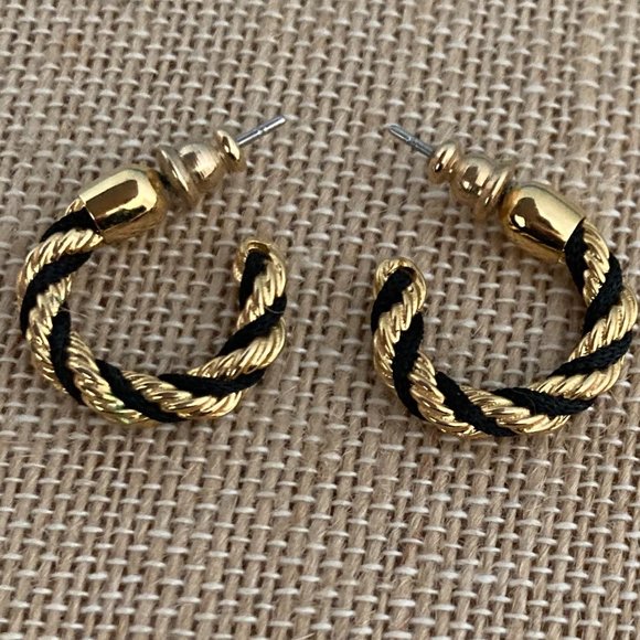 Gold & Black Twist Pierced Hoop Earrings Vintage NWOT - Picture 5 of 7